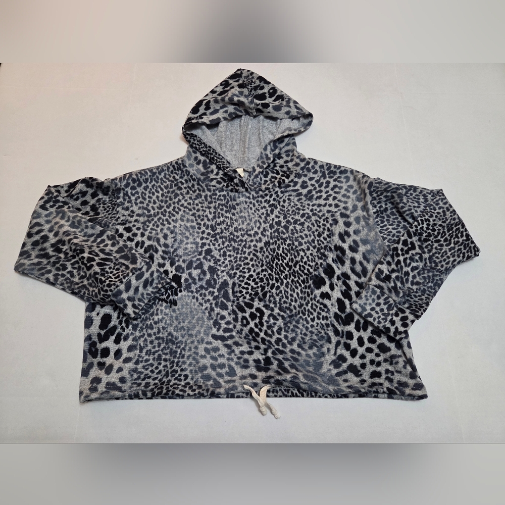 Elan Womens Gray Leopard Print Long Cropped Drawstring Hoodie GUC Size S